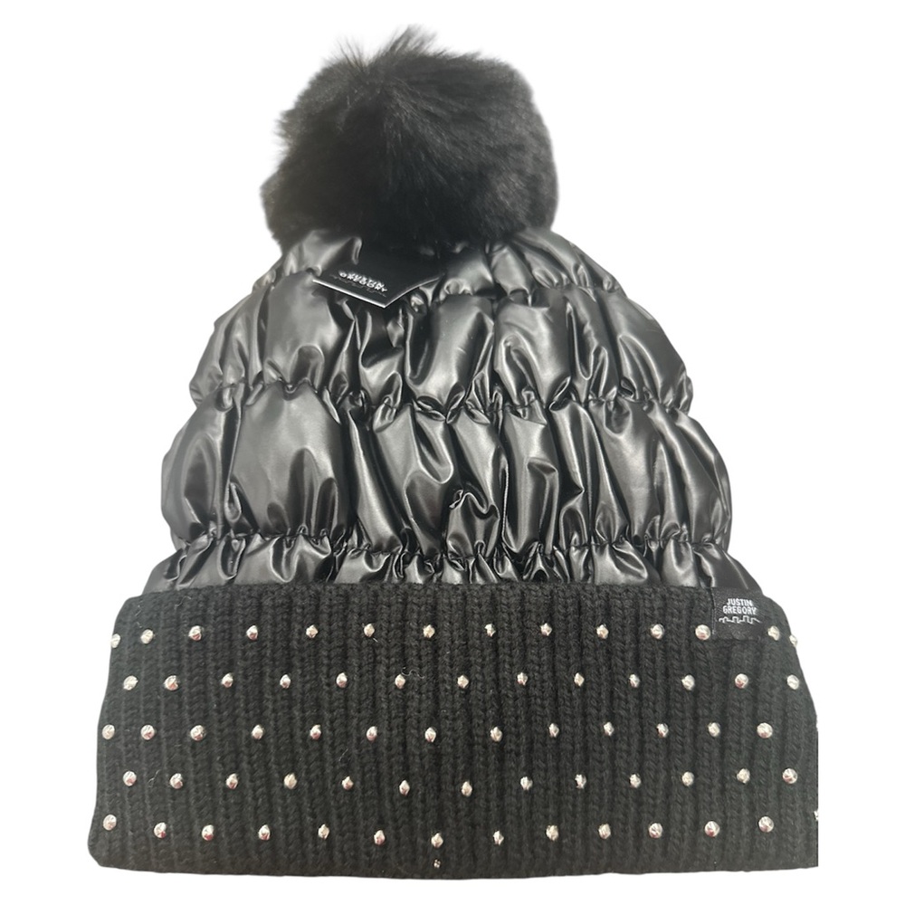 Black Pom-Pom Beanie with Studded Details